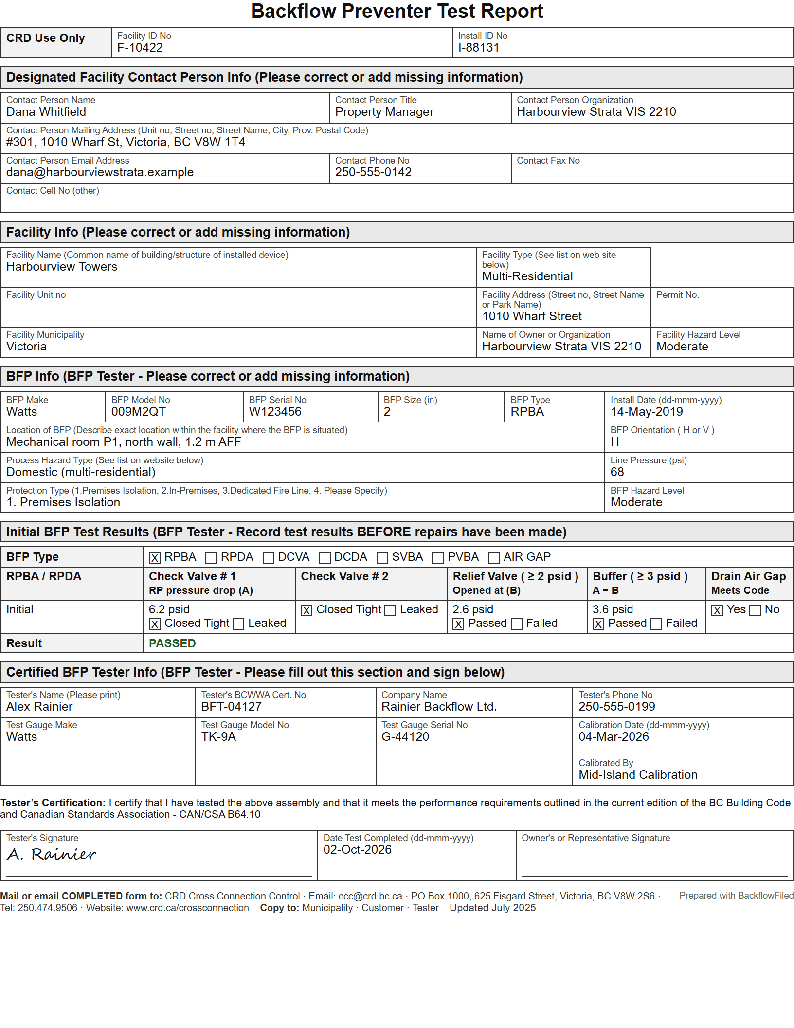 A completed CRD Backflow Preventer Test Report for an RPBA at Harbourview Towers, showing the facility and device details, the initial test results with a PASSED verdict, and the certified tester's block and signature.