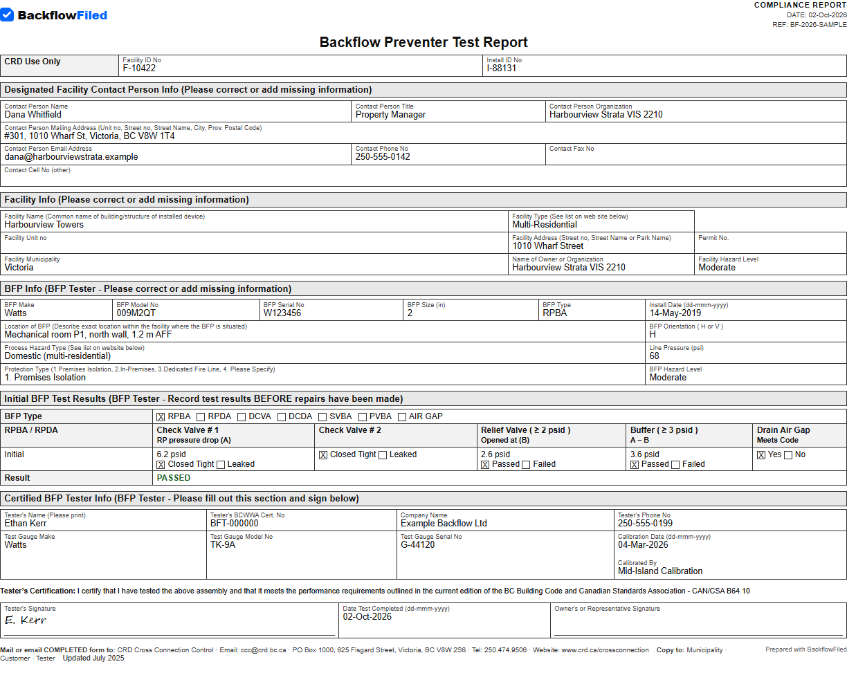 The CRD Backflow Preventer Test Report, rendered on the official July 2025 layout